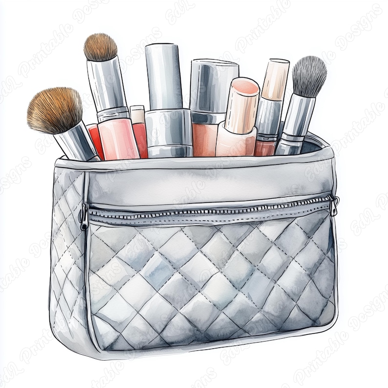 20 Quilted Cosmetic Bag Clip Art, Beauty Products Printable Images, Watercolor Makeup Bag Digital Download, Scrapbooking Paper Craft JPG Set