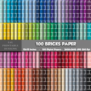 May include: 100 digital papers featuring brick patterns in various colors. Each paper is 12x12 inches and 3600x3600 pixels, 300 DPI.