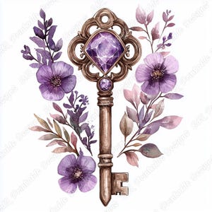 20 Floral Keys-illustraties, aquarel vintage sleutel afdrukbare afbeeldingen, sleutel met bloemen digitale download, retro sleutel scrapbooking papier ambachten JPG