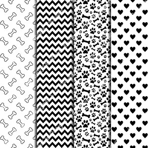 White And Black Dog Patterns Digital Paper, Animal Print Background, Printable Puppy Theme, Pet Scrapbook Papers, Seamless Dog Paw And Bones