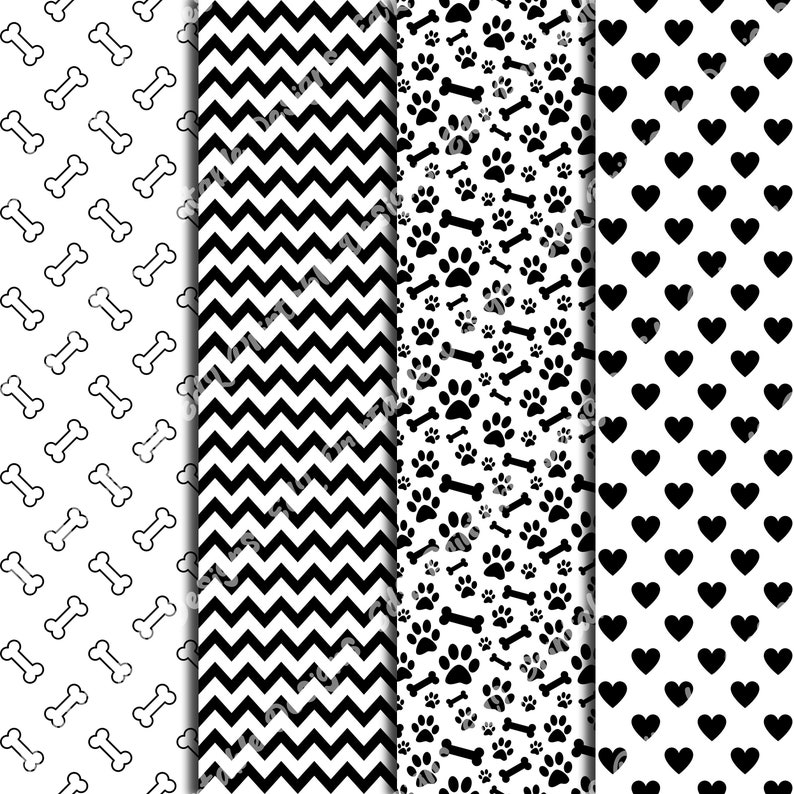 White And Black Dog Patterns Digital Paper, Animal Print Background, Printable Puppy Theme, Pet Scrapbook Papers, Seamless Dog Paw And Bones