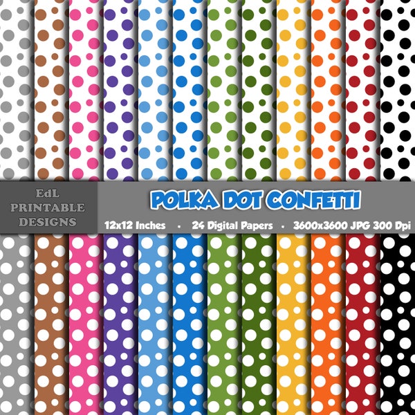 Polka Dot Confetti Digital Paper, Printable Background, Birthday Party Scrapbook Papers, 12x12 Paper, Seamless Colorful Rainbow Pattern Set