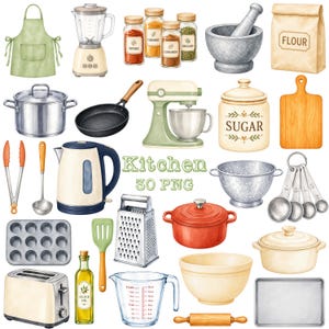 May include: A collection of watercolor kitchen illustrations including a green apron, blender, spice jars, mortar and pestle, flour bag, metal pot, frying pan, stand mixer, sugar canister, cutting board, tongs, ladle, kettle, colander, measuring spoons, muffin tin, spatula, grater, red pot, mixing bowl, casserole dish, toaster, olive oil bottle, measuring cup, rolling pin, and baking sheet.