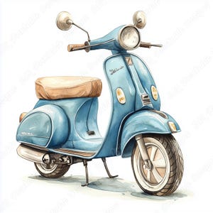 20 imágenes prediseñadas de scooter en acuarela, imagen imprimible de motocicleta retro, descarga digital de motocicleta vintage, conjunto de papel para scrapbooking y manualidades con ciclomotor en formato JPG