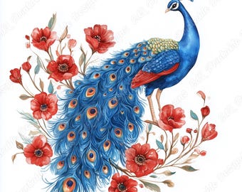 Watercolor Peacock And Flowers Clipart, Floral Bird Scrapbook Paper Craft (Digital Download)