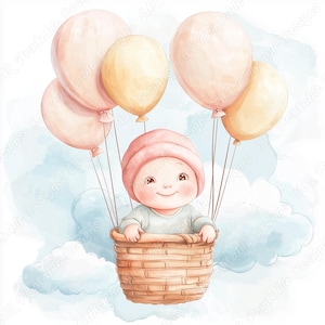 20 baby vliegen met een ballon illustraties, afdrukbare afbeelding kinderkamer muur kunst aan de muur, babyshower digitale download, scrapbooking papier ambachten JPG bundel