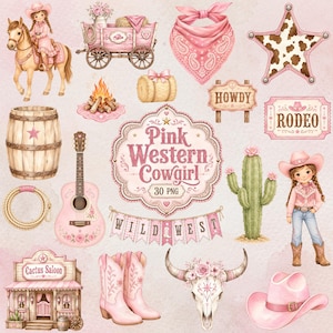 Pink Western Cowgirl PNG Clipart, Baby Girl Rodeo Party, Watercolor Wild West (Digital Download)