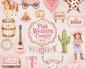 Pink Western Cowgirl PNG Clipart, Baby Girl Rodeo Party, Watercolor Wild West (Digital Download)