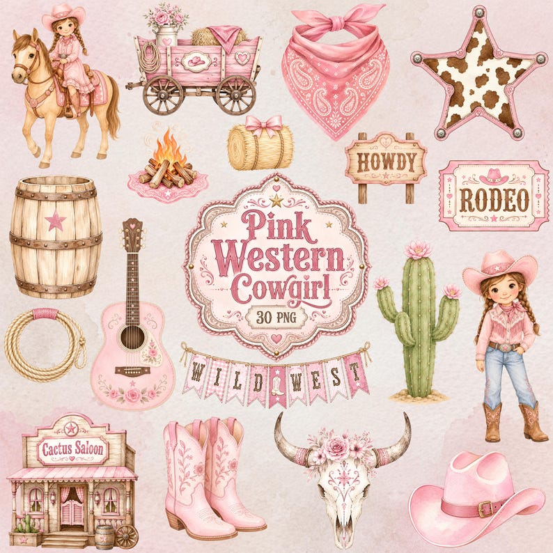 Pink Western Cowgirl PNG Clipart, Printable Baby Girl Rodeo Party Images, Watercolor Cute Wild West Digital Download, Scrapbook Paper Bundle