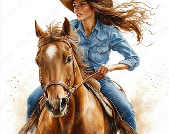 Cowgirl Riding Horse Clip Art, Western Graphics (JPG Set)
