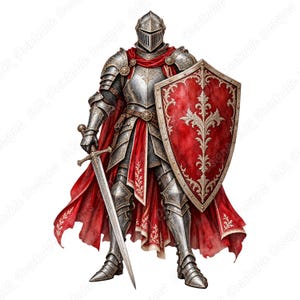 Imágenes prediseñadas PNG de caballeros medievales, guerreros reales con armadura en acuarela, arte fantástico con espada y escudo (descarga digital)