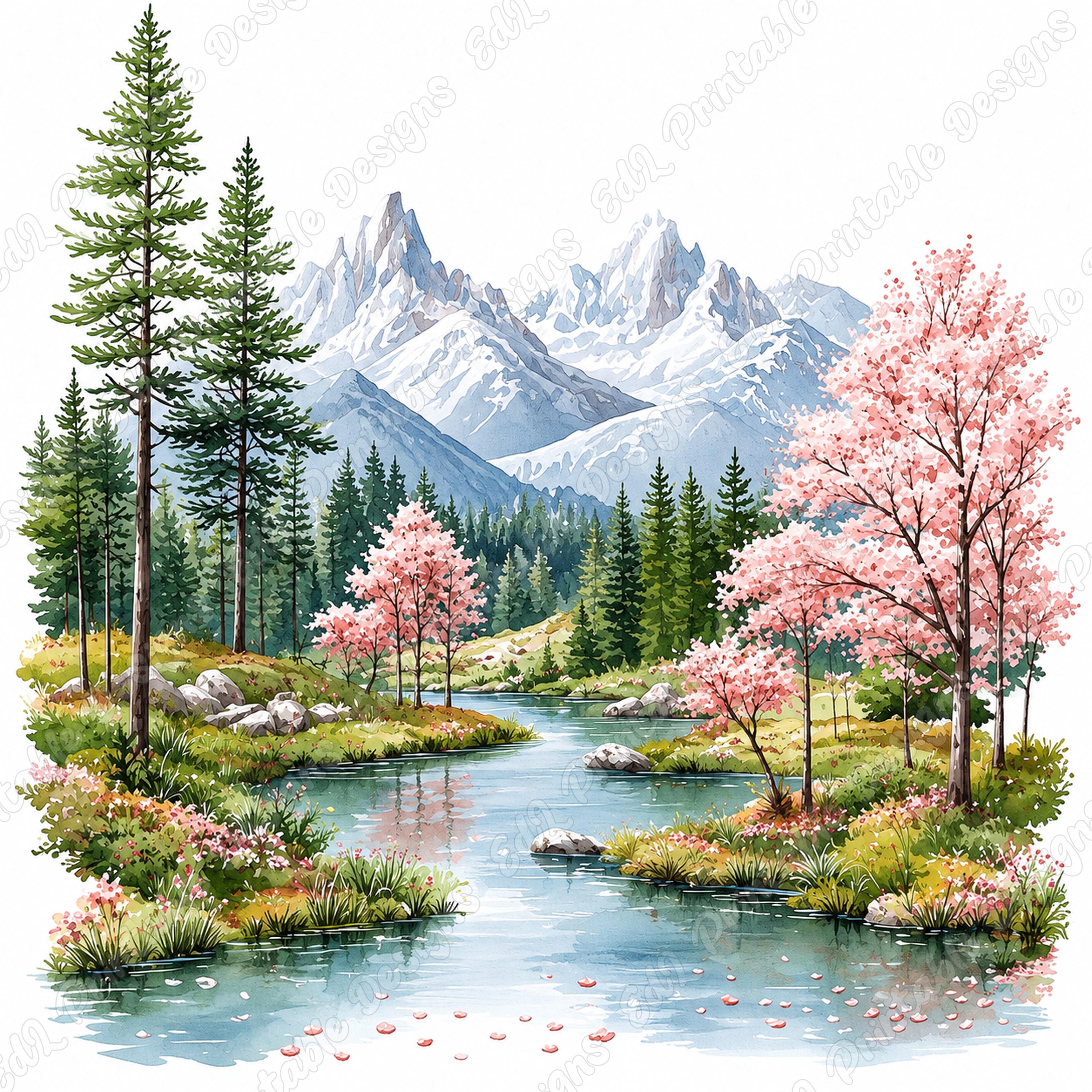 水彩画風の湖の風景クリップアート、森林風景画像、印刷可能な川の自然