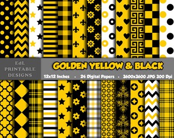 Golden Yellow & Black Digital Paper Pack, Polka Dot, Stripes (12x12, Set of 24)