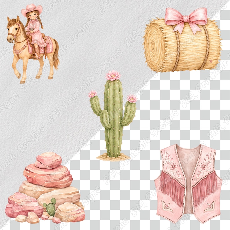 Pink Western Cowgirl PNG Clipart, Printable Baby Girl Rodeo Party Images, Watercolor Cute Wild West Digital Download, Scrapbook Paper Bundle