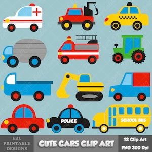 Cute Cars Clip Art, Vehicles Png, Printable Auto Party Decor, Construction Truck Elements Cliparts, Digital Cars Themed Png Graphic Pack