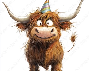 Highland Cow Birthday Clip Art, Quirky Cow JPG Set (Digital Download)