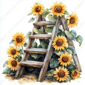 20 imágenes prediseñadas de escalera con flores, imagen imprimible de escalera de madera para jardín, descarga digital de escalera de acuarela, conjunto de manualidades de papel para álbumes de recortes en formato JPG