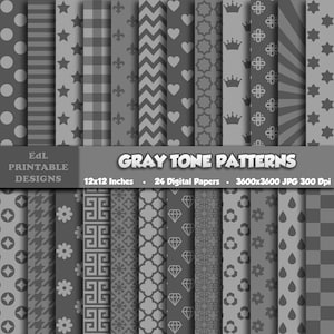 Gray Tones Digital Paper, Grey Colors Printable Background, Shades Of Grays Scrapbook Papers, Tinted Gray Paper, Seamless Shapes Pattern Set