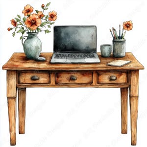 May include: A watercolor illustration of a wooden desk with three drawers. A laptop computer is open on the desk, and a vase of orange flowers is to the left of the laptop. There are pencils and a cup on the desk to the right of the laptop.