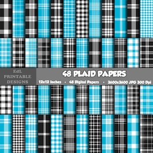 Blue And Black Color Plaid Digital Paper, Tartan Printable Background, Gingham Scrapbook Papers, Scottish Flannel Seamless Pattern Set Of 48