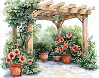 水彩画風の花柄パーゴラのクリップアート、ロマンチックなガーデンガゼボの印刷可能なJPG画像（デジタルダウンロード）