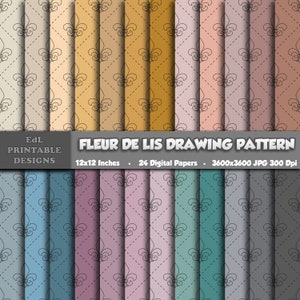 Fleur de Lis tekening digitaal papier, Franse lotus schets symbool afdrukbare achtergrond, Royal Lily plakboek, naadloze lijntekeningen doodle patroon
