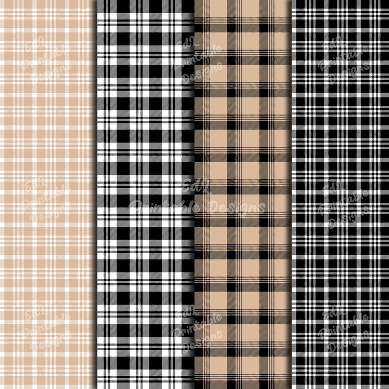 Beige and Black Buffalo Plaid Digital Paper, Printable Tartan Background Papers, Lumberjack Scrapbook Papers, Seamless Gingham Set Of 24