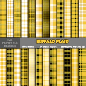 Papeles digitales a cuadros de búfalo amarillo, tartán imprimible, fondo escocés, álbum de recortes de leñador, conjunto de patrones de cuadros de franela sin costuras de 24