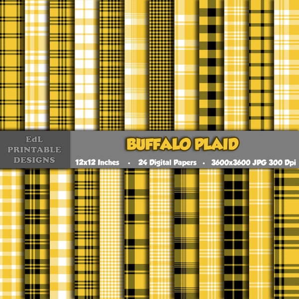 Yellow Buffalo Plaid Digital Papers, Printable Tartan, Scottish Background, Lumberjack Scrapbook, Seamless Flannel Gingham Pattern Set Of 24