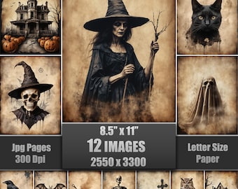 Shabby Chic Halloween Junk Journal Pages, Spooky Ephemera, Creepy Digital Papers (Digital Download)