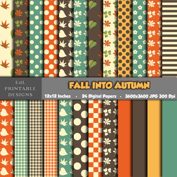 Fall Into Autumn Digital Paper, Printable Leafs Background, Boho Colors Scrapbook Papers, 12x12 Paper, Seamless Flower Pattern Set Of 24