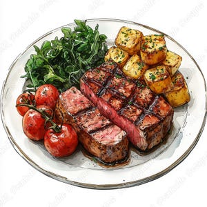 20 Alimentos em um prato Clip Art, Imagens de bife em aquarela para impressão, Download digital de refeição deliciosa para jantar, Papel para scrapbooking de culinária JPG