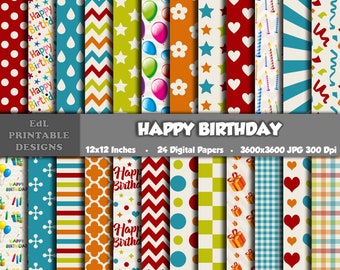 Happy Birthday Digitales Papier Pack, Party Papier druckbarer Hintergrund, Kindergeburtstag Scrapbook Papiere, 12x12 Papier, nahtloses Muster Set von 24