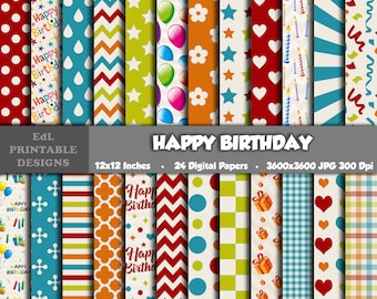 Paquete de papel digital de feliz cumpleaños, fondo imprimible de papel de fiesta, papeles de álbum de recortes de cumpleaños para niños, papel 12x12, conjunto de patrones sin costuras de 24