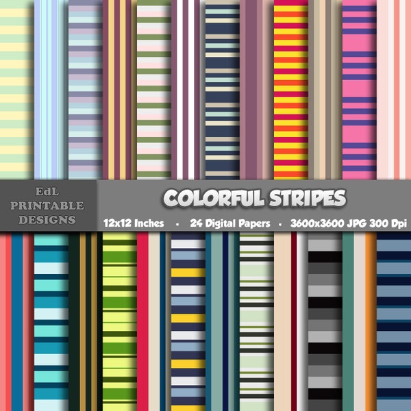 Colorful Stripes Digital Paper, Lines Printable Background, Striped Scrapbook Papers, 12x12 Paper, Seamless Rainbow Color Pattern Set Of 24