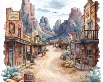 Watercolor Wild West Town Clip Art, Old Western Street (JPG Digital Download)