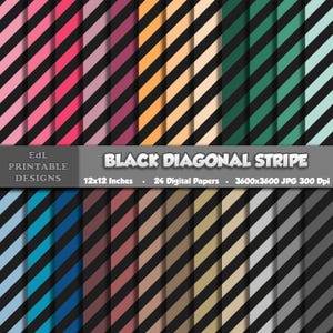 Black Diagonal Stripe Digital Paper, Lines Printable Background, Instant Download Scrapbook Papers, 12x12 Seamless Rainbow Color Pattern Set