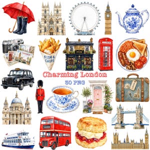 Puede incluir: Una colección de ilustraciones en acuarela con monumentos e iconos de Londres, incluyendo un paraguas rojo, el Big Ben, una cabina telefónica roja, un taxi negro, un autobús de dos pisos, una tetera, fish and chips, un scone y el texto Charming London 30 PNG.
