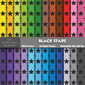 Papel digital de estrellas negras, fondo imprimible estrellado, papel estrellado para álbumes de recortes, papel de estrellas de 30 x 30 cm, juego de 24 estampados de arcoíris sin costuras