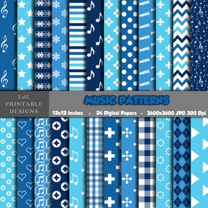 Music Patterns Digital Paper, Shades of Blue Printable Background, 12x12 Note Key Scrapbook Papers, Seamless Music Notes Pattern Set Of 24