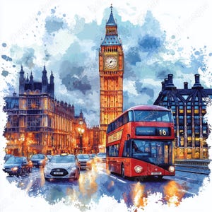 May include: A watercolor painting of Big Ben and a red double-decker bus in London, England. The bus is driving down a street with other cars and the iconic clock tower is in the background.