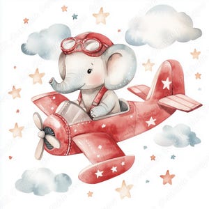 20 imágenes prediseñadas de elefante piloto, imagen imprimible de elefante aviador en acuarela, descarga digital, lindo conjunto de papel para álbum de recortes de bebé y niña (JPG)