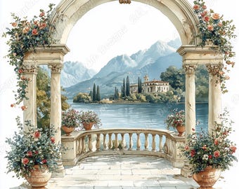 Imágenes prediseñadas de balcón arqueado en acuarela, imágenes de terraza floral, paisaje veraniego (descarga digital)