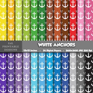 White Anchors Digital Paper, Nautical Printable Background, Sailor Scrapbook, 12x12 Colorful Sea Papers, Seamless Ocean Pattern Set Of 24