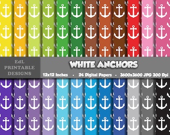 Papel digital con anclas blancas, álbum de recortes náutico imprimible, patrón de fondo marinero (descarga digital)
