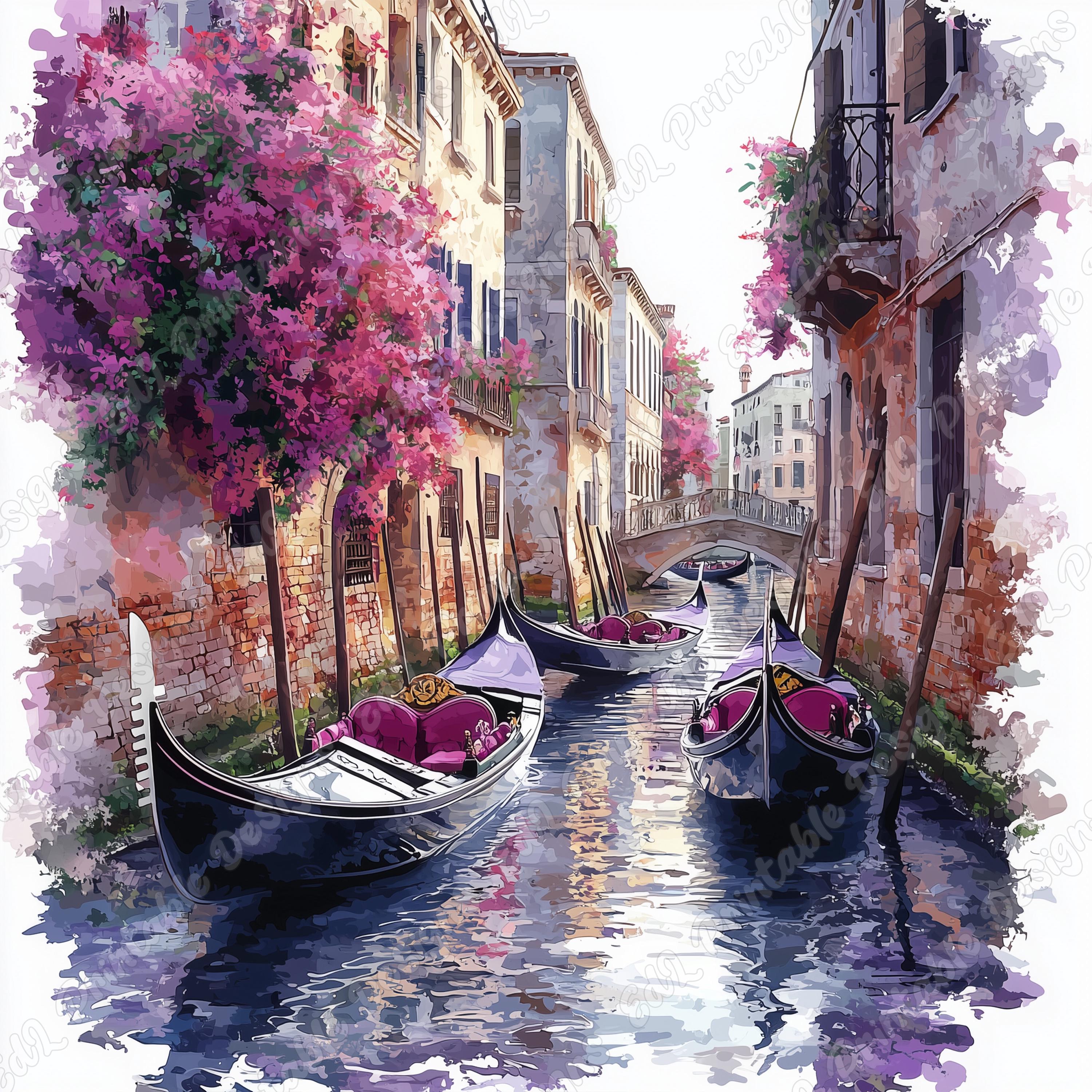 ヴェネツィアのゴンドラの水彩画クリップアート、ロマンチックな運河の