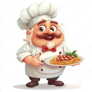 Op de afbeelding: Een cartoonillustratie van een chef-kok die een bord spaghetti en gehaktballen vasthoudt. De chef-kok draagt een wit uniform, een hoge koksmuts en een rode vlinderdas. De spaghetti is goudkleurig.