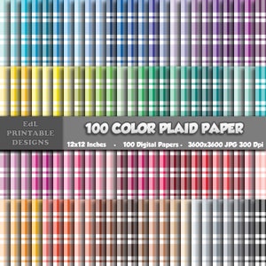 May include: A set of 100 digital plaid papers in various colors. Each paper is 12x12 inches and 3600x3600 pixels, with a resolution of 300 DPI. The papers are perfect for crafting, scrapbooking, and other creative projects.