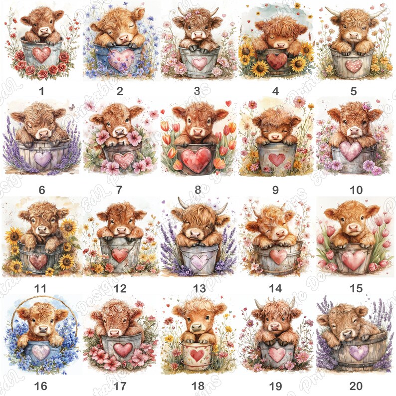 20 Valentines Day Highland Cow Clip Art, Highland Calf Printable Images, Baby Farm Animal Digital Download, Scrapbooking Paper Craft JPG Set