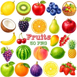 May include: A collection of watercolor illustrations featuring various fruits including a lemon, kiwi slice, red apple, blueberries, a fruit basket, coconut, blackberry, orange slice, pear, pomegranate, banana, cherries, mango, red currants, grapes, watermelon, peach, lime, pineapple, orange, fig, lemon slice, and strawberries with the text Fruits 30 PNG.